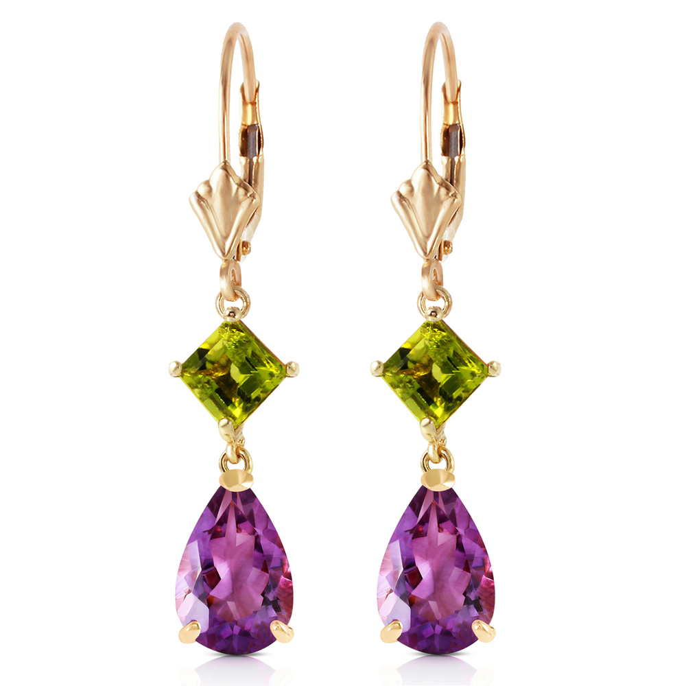 14K. GOLD LEVERBACK EARRING WITH AMETHYSTS & PERIDOTS (Yellow Gold) - Picture 1 of 3